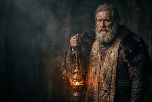 Bearded Medieval Cleric Holding Glowing Thurible