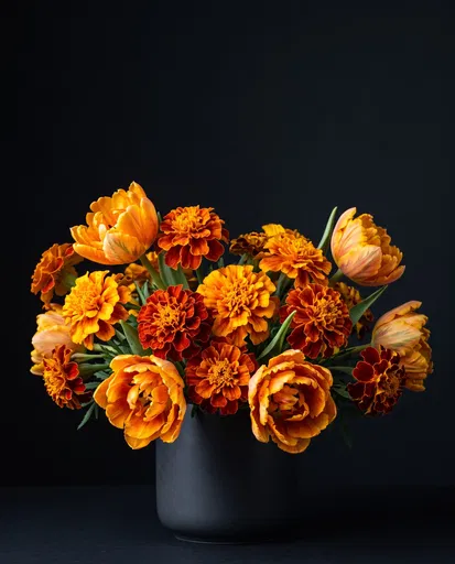 Orange Marigolds and Tulips in Black Vase