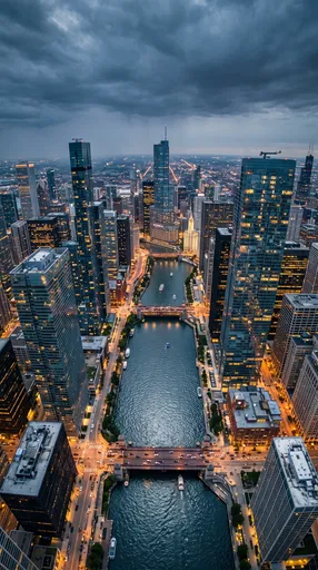 Aerial Twilight Cityscape With River