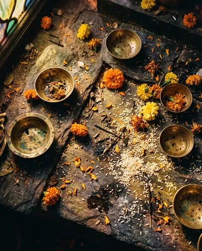 Brass Bowls and Marigold Shrine Offerings