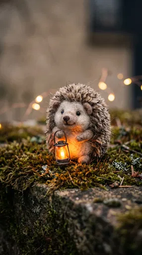 Felted Wool Hedgehog Holding Tiny Glowing Lantern