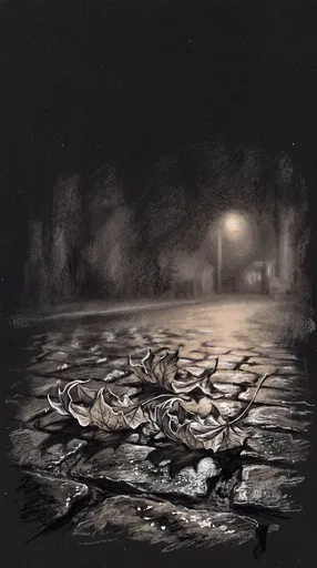 Charcoal Drawing of Leaves on Cobblestones