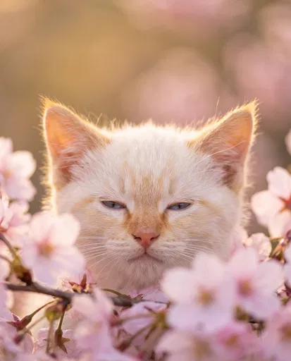 Sleepy Kitten Among Pink Cherry Blossoms
