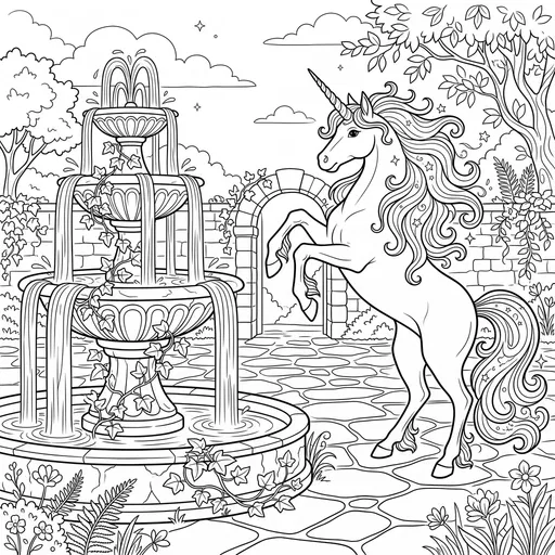 Unicorn and Courtyard Fountain Coloring Page