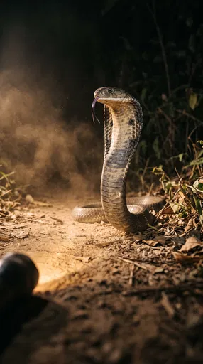 King Cobra Illuminated by Flashlight at Night