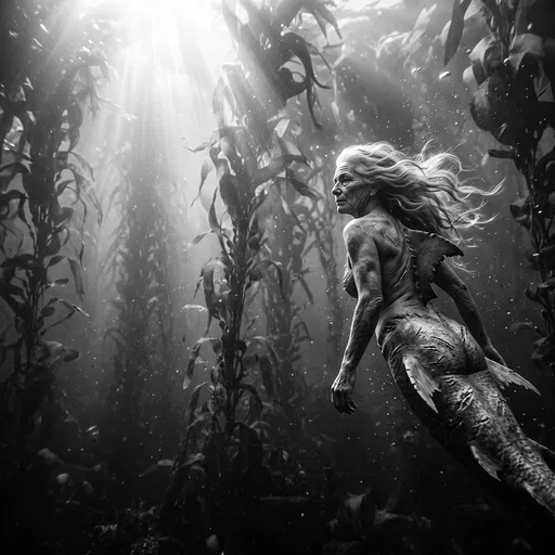Elderly Mermaid in Monochrome Kelp Forest