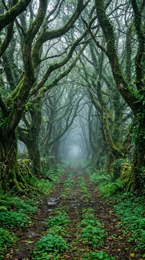 Misty Mossy Tree Tunnel Path
