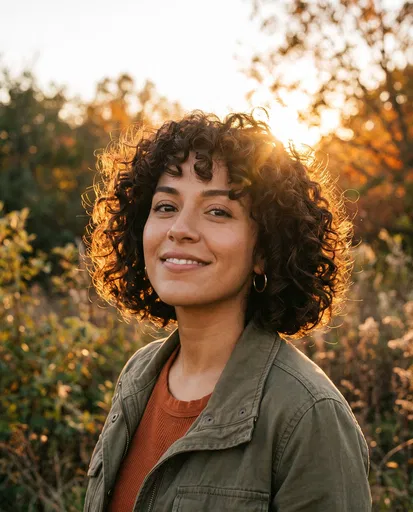 Smiling Woman With Curly Bob At Sunset