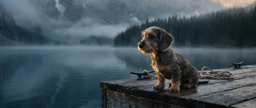 Wire-Haired Dachshund Puppy on Misty Lake Dock