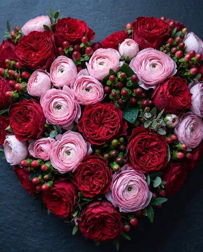 Heart Shaped Rose and Ranunculus Arrangement