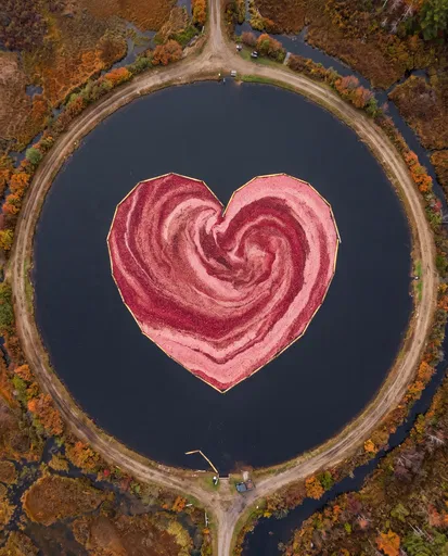 Aerial View of Heart-Shaped Cranberry Harvest