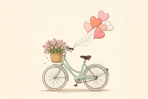 Mint Bicycle With Tulips and Heart Balloons