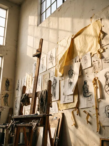 Sunlit Artist Studio Wall With Sketches