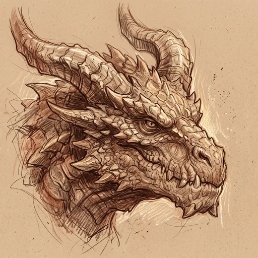 Sepia Chalk Sketch of Horned Dragon Head