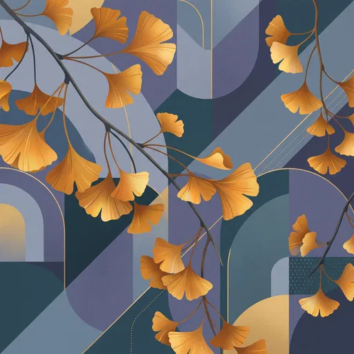Golden Ginkgo Leaves on Geometric Blue Backdrop