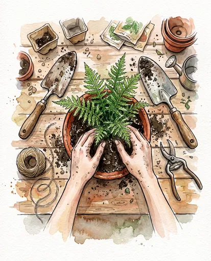 Watercolor Illustration of Hands Potting a Fern