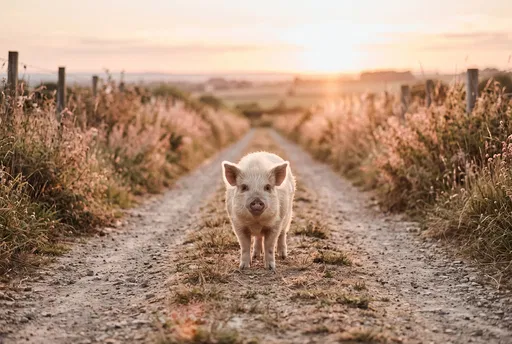 Fluffy Piglet on Country Lane at Sunset