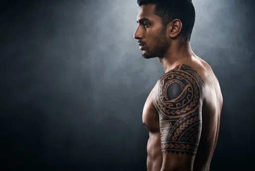 Athletic Man Profile With Tribal Arm Tattoo