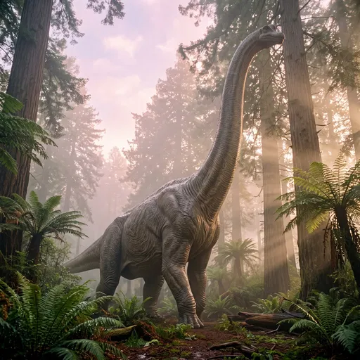 Brachiosaurus in Misty Prehistoric Forest at Dawn