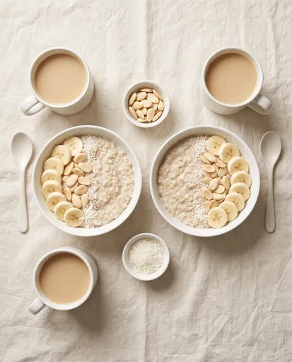 Monochrome Oatmeal and Coffee Breakfast Flat Lay