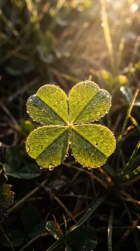 Backlit Four-Leaf Clover With Morning Dew
