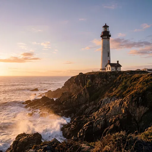 White Lighthouse on Rocky Headland at Sunset