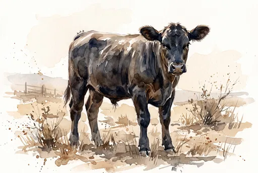 Watercolor Illustration of Black Angus Calf