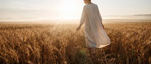 Woman Walking Through Golden Wheat Field