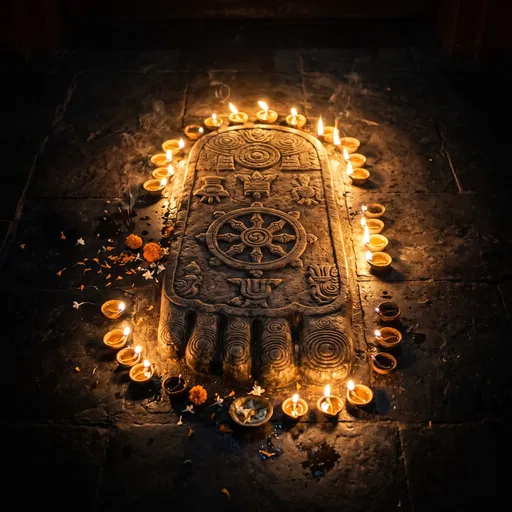 Stone Buddhapada Footprint with Butter Lamps