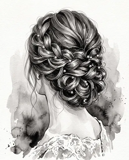 Monochrome Watercolor Bridal Braided Updo Illustration