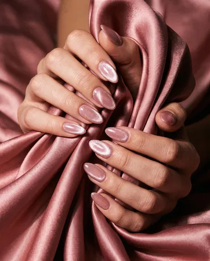 Hands With Pink Cat-Eye Nails on Satin