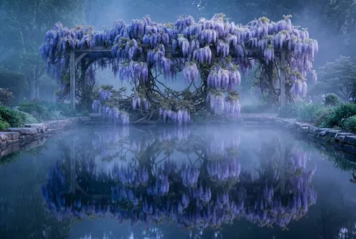 Misty Wisteria Pergola Reflecting in Pond