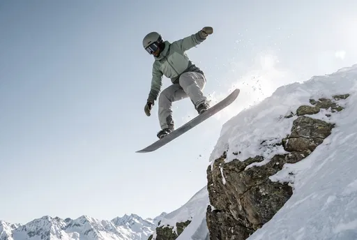 Snowboarder Jumping Off Snowy Rock Cornice