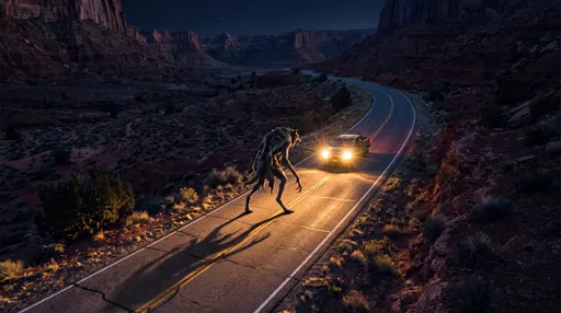 Monster Crossing Desert Highway at Night