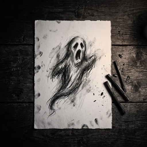 Charcoal Ghost Drawing on Wooden Table