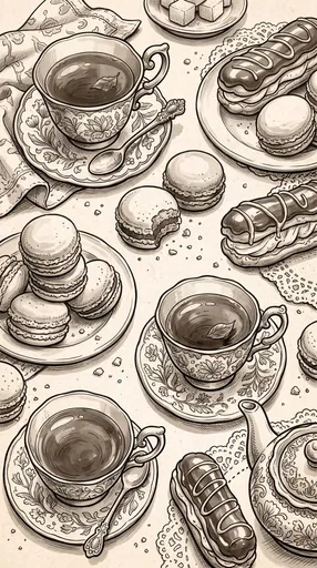 Sepia Ink Illustration of Tea and Pastries