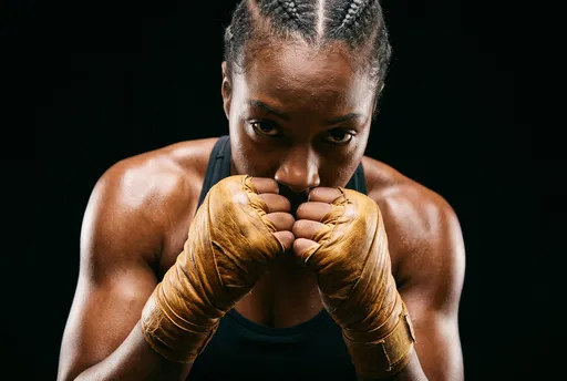 Focused Female Boxer in Defensive Stance