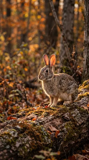 Wild Rabbit on Mossy Autumn Log