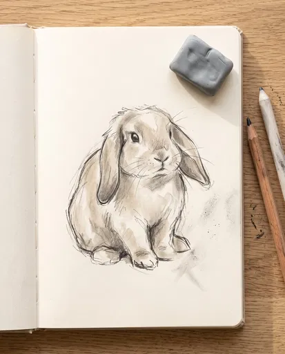 Lop Bunny Sketch in Open Notebook