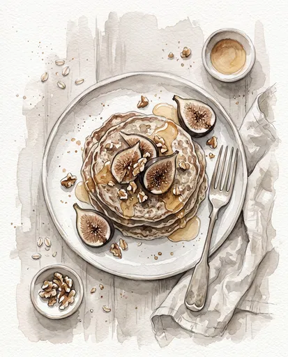 Watercolor Illustration of Oat Hotcakes with Figs