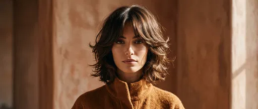 Brunette Woman With Layered Butterfly Bob Haircut