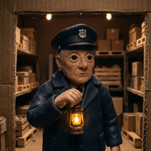Claymation Night Watchman in Cardboard Warehouse