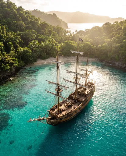 Pirate Ship Anchored in Tropical Cove