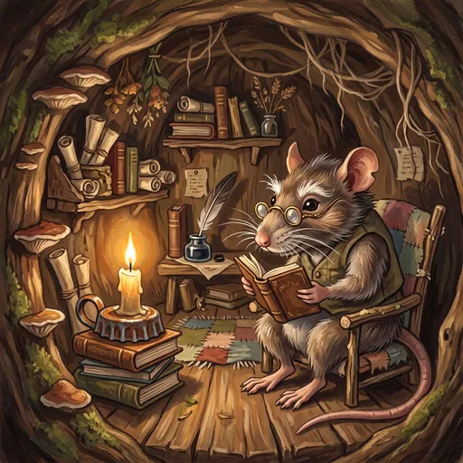 Scholar Rat Reading in Hollow Tree