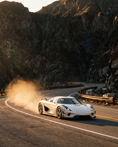White Hypercar Driving Through Canyon at Sunset