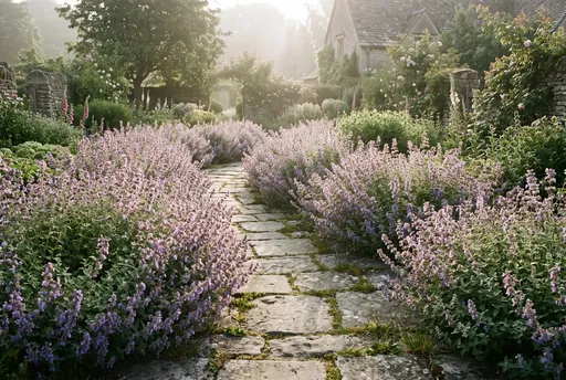 English Cottage Garden Path with Catmint