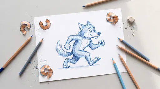 Blue Pencil Sketch of Cartoon Werewolf