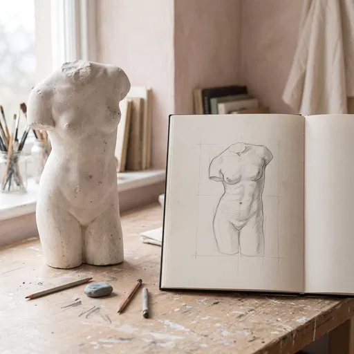 Plaster Torso Cast and Pencil Sketchbook