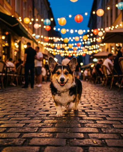Tricolor Corgi Walking on Evening Street