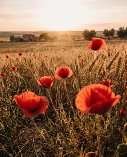 Red Poppies in Sunset Wheat Field